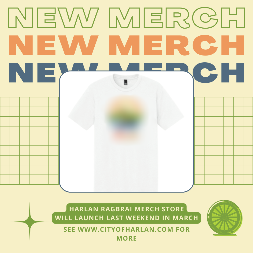 READS: NEW MERCH (x3); HARLAN RAGBRAI MERCH STORE WILL LAUNCH LAST WEEKEND IN MARCH; IMAGE: BLURRED TSHIRT DESIGN